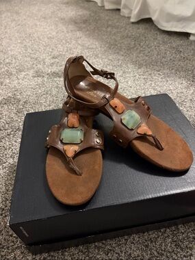Anne Klein Brown Leather T‑Strap Sandals with Mint and Peach Gem Accents